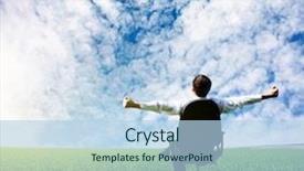  Presentation with meadow - Presentation theme having job satisfaction - man with raised hands sitting background and a light blue colored foreground