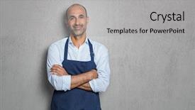  Presentation with blue business - Amazing slide deck having job satisfaction - mature man wearing blue apron backdrop and a light gray colored foreground