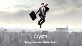  Presentation with cityscape - Cool new presentation theme with job satisfaction - smiling businessman jumping with cityscape backdrop and a gray colored foreground