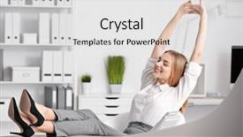  Presentation with job - Audience pleasing PPT theme consisting of job satisfaction - young businesswoman relaxing in office backdrop and a light gray colored foreground