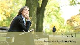  Presentation with thinking - Beautiful slide deck featuring job satisfaction - young businesswoman sitting on bench backdrop and a yellow colored foreground