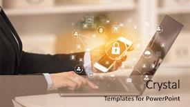  Presentation with working woman - PPT layouts with job security - business woman below chest working background and a coral colored foreground