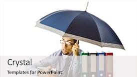  Presentation with umbrella and plastic bag - Theme enhanced with job security - businessman holding umbrella background and a white colored foreground