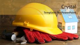  Presentation with leather - Amazing PPT theme having job security - composition with safety helmet leather backdrop and a  colored foreground