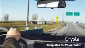  Presentation with automobile driver hand hold steering - Beautiful PPT theme featuring job security - hand of man driving backdrop and a dark gray colored foreground