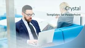  Presentation with resume - Audience pleasing presentation design consisting of job seeker - serious employer looking through online backdrop and a  colored foreground