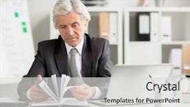  Presentation with grey - Audience pleasing slides consisting of job specification - grey-haired businessman in formalwear looking backdrop and a light gray colored foreground