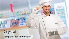  Presentation with egg - Colorful presentation theme enhanced with job specification - young cook man holding backdrop and a soft green colored foreground