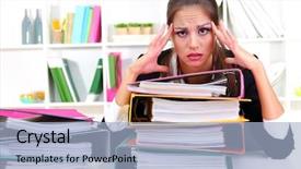  Presentation with workplace stress - Amazing presentation theme having job stress - tired business woman with documents backdrop and a light blue colored foreground