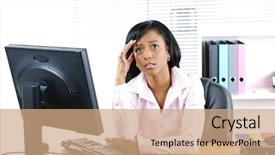  Presentation with woman office desk - Presentation theme consisting of job stress - worried young black business woman background and a coral colored foreground