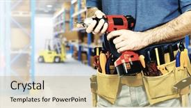  Presentation with office ergonomics man worker exercising - PPT theme with job tool box - manual worker detail and 3d background and a yellow colored foreground