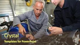  Presentation with job training - Presentation theme having job training - teacher with students in mechanics background and a tawny brown colored foreground