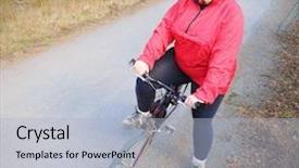  Presentation with health woman running female runner - Colorful presentation theme enhanced with jogging bike - overweight woman slimming on bicycle backdrop and a light blue colored foreground