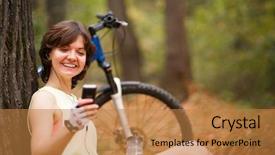  Presentation with young - Presentation theme consisting of jogging bike - young brunette woman with mp3 background and a gold colored foreground