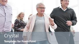  Presentation with old people - Colorful slide set enhanced with jogging-old-happy-friends-close backdrop and a gray colored foreground