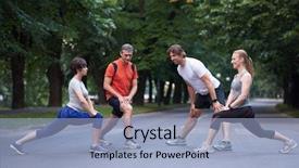  Presentation with group training - Cool new presentation design with jogging people group stretching in park before training backdrop and a light blue colored foreground