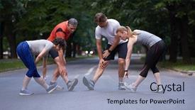  Presentation with group training - Slide set having jogging people group stretching in park before training background and a light blue colored foreground