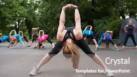  Presentation with group training - PPT theme with jogging people group stretching in park before training background and a gray colored foreground