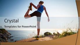  Presentation with stretching - Colorful presentation enhanced with jogging sunset - young slim lady stretching backdrop and a light blue colored foreground