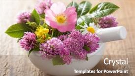  Presentation with dried herbs and dried flowers - Presentation design enhanced with john wooden - colorful medical flowers and herbs background and a  colored foreground