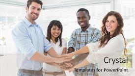  Presentation with coworkers - PPT theme enhanced with joining hands in a circle background and a  colored foreground