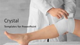  Presentation with joint - Slide deck with knee joint - doctor applying bandage onto patient's background and a light gray colored foreground