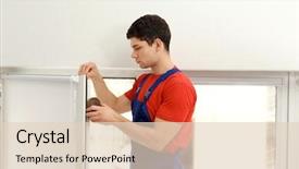  Presentation with rubber - PPT layouts with joint replacements - young worker applying rubber strip background and a lemonade colored foreground