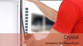  Presentation with joint - Slide deck featuring joint replacements - young worker applying rubber strip background and a red colored foreground