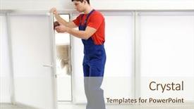  Presentation with tyre rubber waste - Beautiful theme featuring joint replacements - young worker applying rubber strip backdrop and a sky blue colored foreground