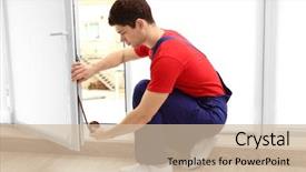  Presentation with rubber - Slide deck enhanced with joint replacements - young worker applying rubber strip background and a soft green colored foreground