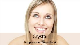  Presentation with jolly - Colorful slides enhanced with jolly blond woman putting gloss against a white background backdrop and a coral colored foreground