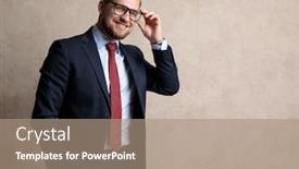  Presentation with jolly - Slide set having jolly businessman fixing his glasses and holding his hand in his pocket while wearing a blue suit and standing on wallpaper background background and a coral colored foreground