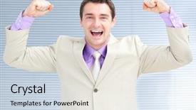  Presentation with jolly - Colorful PPT theme enhanced with jolly businessman punching the air in celebration backdrop and a sky blue colored foreground
