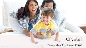  Presentation with jolly - PPT theme having jolly parents playing with their little boy on a bed background and a lemonade colored foreground