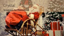  Presentation with jolly - Colorful presentation enhanced with jolly santa claus smoking a pipe and holding a sack with gifts christmas interior decoration backdrop and a coral colored foreground