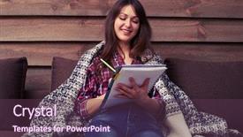  Presentation with writing notes - Colorful theme enhanced with jotter - mid shot of young woman backdrop and a tawny brown colored foreground