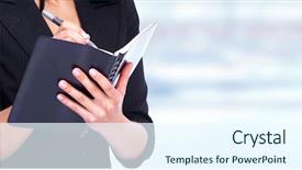  Presentation with diary - Presentation design having jotter - woman writing in a diary background and a sky blue colored foreground