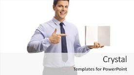  Presentation with notebook - Presentation design consisting of journal template - young professional man holding background and a white colored foreground