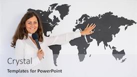  Presentation with journalist - Presentation theme having journalist reporting from the studio on the background of the world map in front of the camera focus to the cam background and a light gray colored foreground