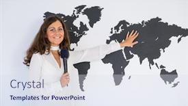  Presentation with journalist - Beautiful presentation theme featuring journalist reporting from the studio on the background of the world map in front of the camera focus to the cam backdrop and a sky blue colored foreground