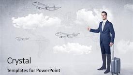  Presentation with airplane night sky cloud - Theme consisting of moving clouds - businessman hitchhiking with flying airplanes background and a light gray colored foreground