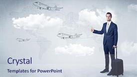  Presentation with cloud - PPT layouts with businessman hitchhiking with flying airplanes background and a  colored foreground