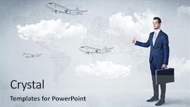  Presentation with airplane night sky cloud - Presentation design with moving clouds - businessman hitchhiking with flying airplanes background and a sky blue colored foreground