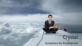  Presentation with airplane - Amazing theme having plane dark blue - businessman sat on the wing backdrop and a light blue colored foreground