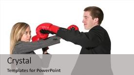  Presentation with people conflict - Audience pleasing slide deck consisting of jousting - two business people with boxing backdrop and a light gray colored foreground