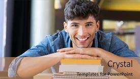  Presentation with stack books - Cool new PPT layouts with jovenes - closeup shot of young man backdrop and a coral colored foreground