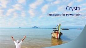  Presentation with man looking up happy - Colorful presentation theme enhanced with joy lord - happy man joyfully welcomes backdrop and a light blue colored foreground