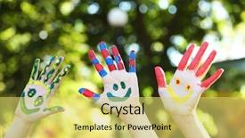  Presentation with colorful hands - Beautiful presentation featuring joy peace hope - smiling colorful hands on natural backdrop and a yellow colored foreground