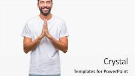  Presentation with praying hands on open bible - Presentation theme enhanced with joy spiritual - adult hispanic man over isolated background and a  colored foreground