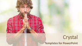  Presentation with praying hands on open bible - Colorful slide deck enhanced with joy spiritual - handsome hispanic model man backdrop and a  colored foreground